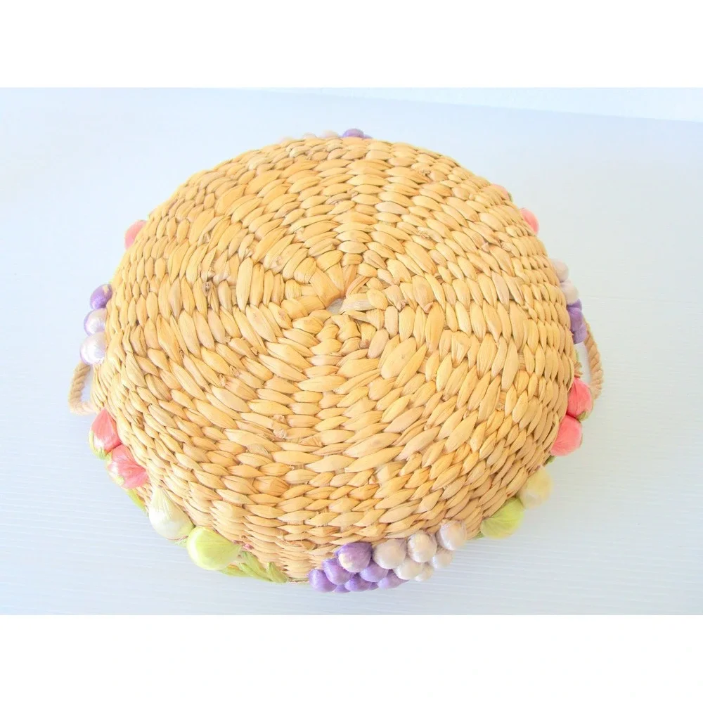 Vintage Raffia Woven Straw Basket Embroidered Fruit Grapes Handles Casserole